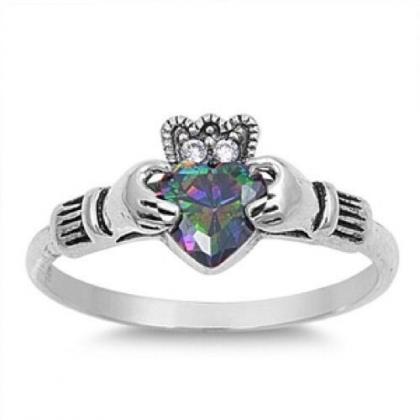 Sterling Silver Natural Rainbow Topaz Claddagh 7mm..