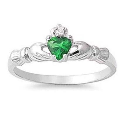 Sterling Silver Natural Emerald Gemstone Claddagh..