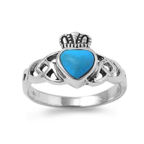 Sterling Silver W/turquoise Stone Celtic Claddagh 11mm Sizes 5-9