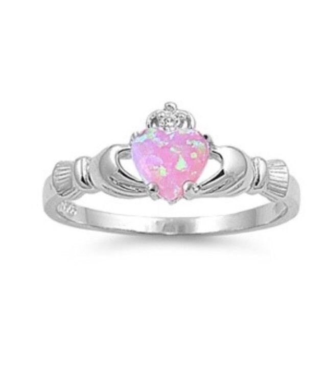 Sterling Silver Pink Lab Opal Claddagh W/ Cz 9mm 2ctw Sizes 4-6 And 8-12