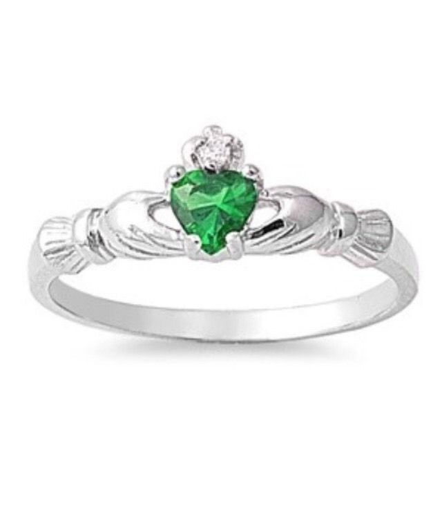 Sterling Silver Natural Emerald Gemstone Claddagh W/ Cz 7mm Sizes 6-9